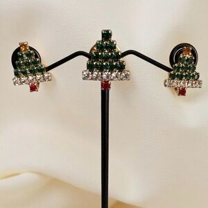 Sarah Coventry Christmas Tree Set Clip Earrings & Brooch Rhinestone Vintage
